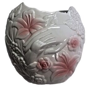 Vintage FTD White Pink Ceramic Hand Lily Rose Embossed Vase Planter 615 Taiwan